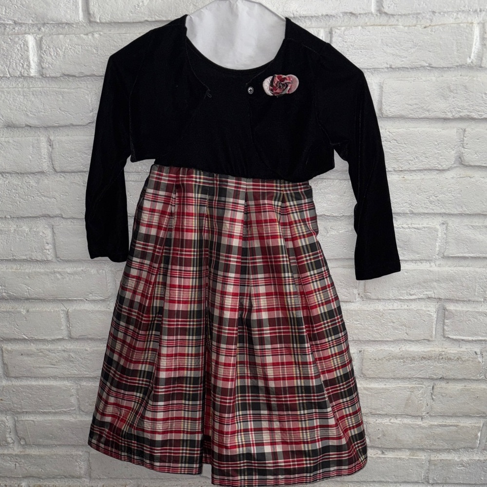 Perfectly Dressed 2pc Plaid Dress with Black Velvet Small Jacket Size 5